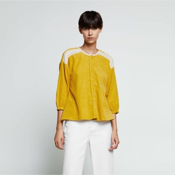 ZARA BASICS Winter Mustard Gold Cotton Corduroy Crochet Button Shirt Blouse Top - Picture 2 of 16
